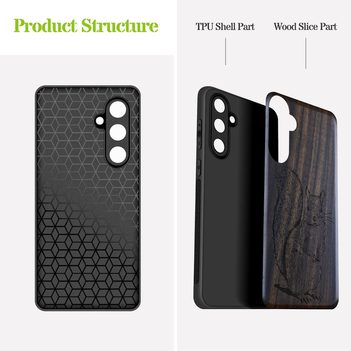 The Squirrel Sketch, Classic Engraved Wood & TPU Case - Artisanal Cover for Samsung Galaxy