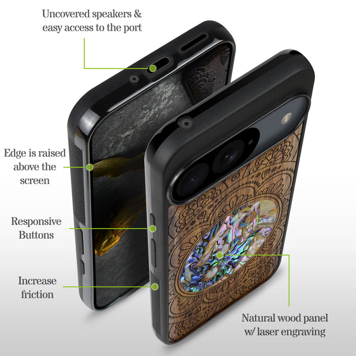 Yin-Yang Wolves Amidst Paisley, Hand-Inlaid Wood & Mother of Pearl Case - Artisanal Cover for Google Pixel