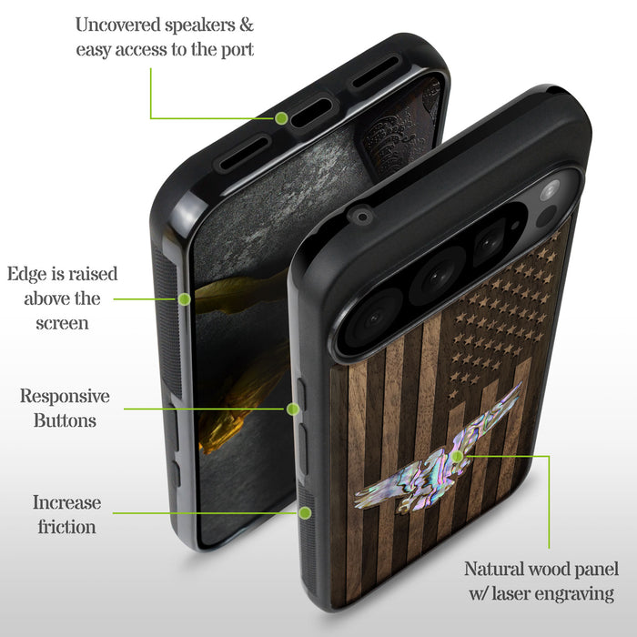 The Eagle and the Stars, Hand-Inlaid Wood & Mother of Pearl Case - Artisanal Cover for Google Pixel