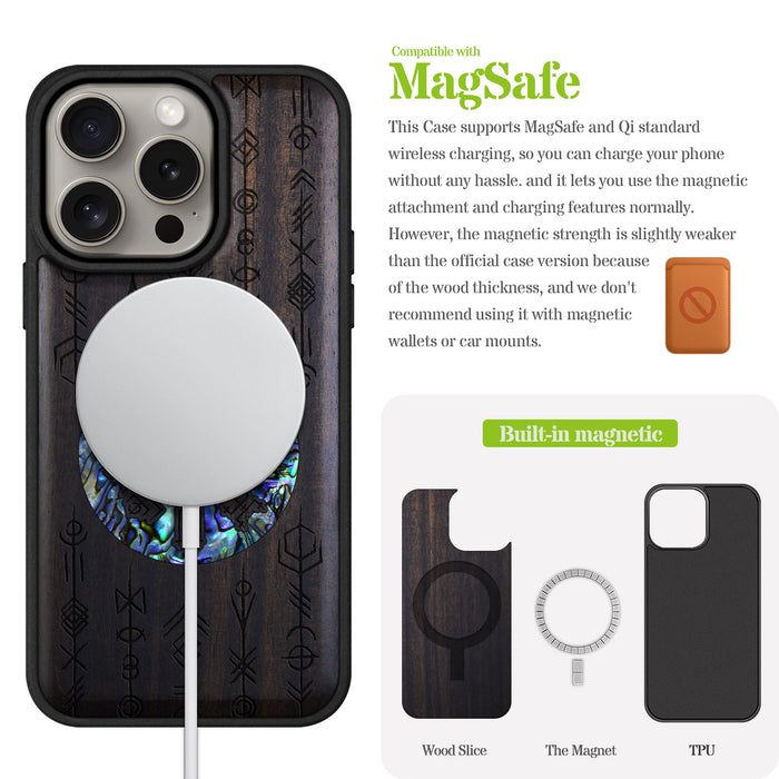 Echoes of Viking Lore, Hand-Inlaid Wood & Mother of Pearl Case - Artisanal Cover for Apple iPhone