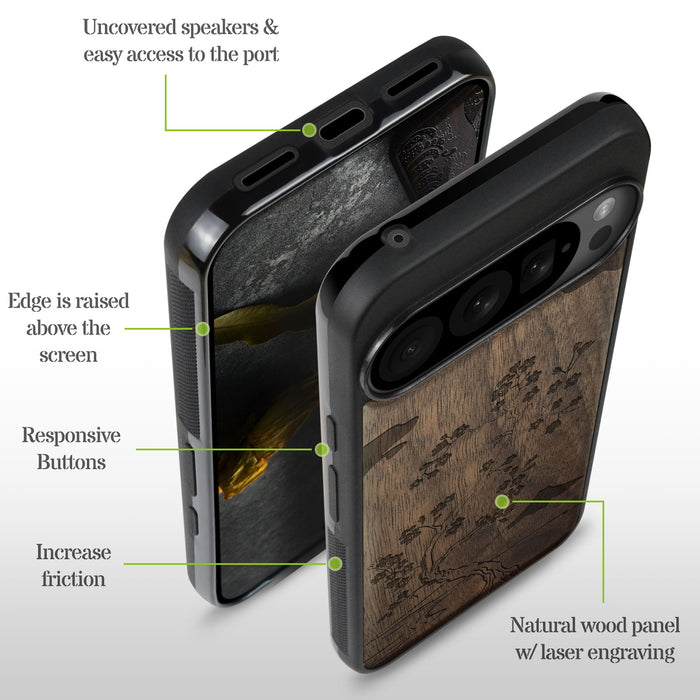 Mount Fuji and the Ocean Through Cherry Blossom, Classic Engraved Wood & TPU Case - Artisanal Cover for Google Pixel