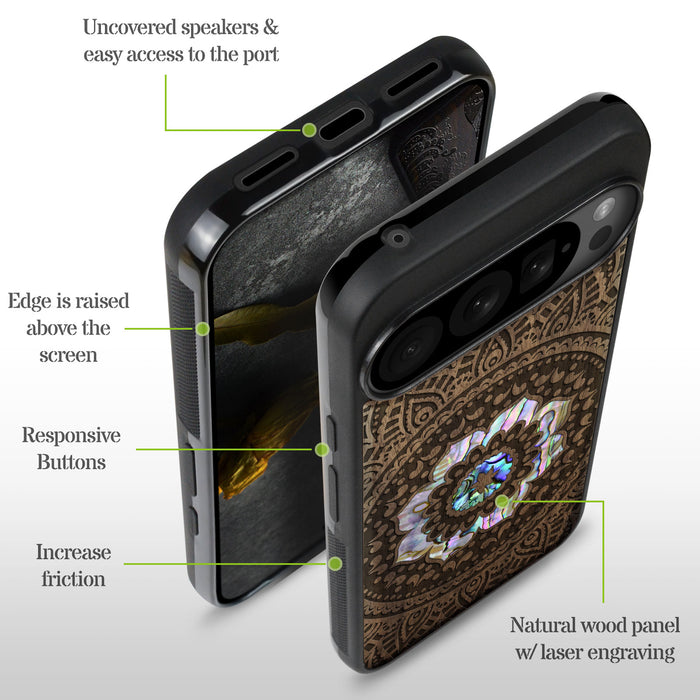 The Indian Floral Mandala, Hand-Inlaid Wood & Mother of Pearl Case - Artisanal Cover for Google Pixel