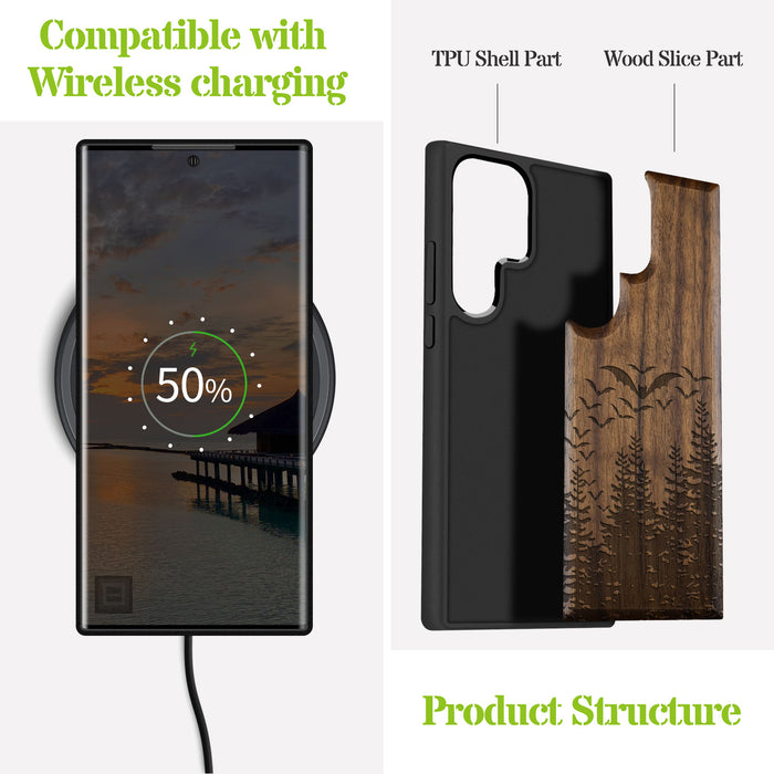 Bats Over the Forest, Classic Engraved Wood & TPU Case - Artisanal Cover for Samsung Galaxy