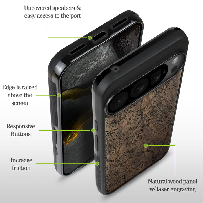 Vintage Fantasy Flowers, Classic Engraved Wood & TPU Case - Artisanal Cover for Google Pixel