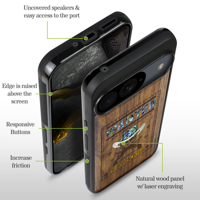 Outlaw Skull Wanted, Hand-Inlaid Wood & Mother of Pearl Case - Artisanal Cover for Google Pixel