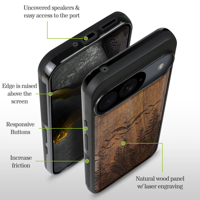 Bats Over the Forest, Classic Engraved Wood & TPU Case - Artisanal Cover for Google Pixel