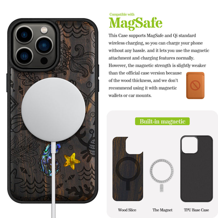 An Aquatic Symphony, Hand-Inlaid Wood & Mother of Pearl Case - Artisanal Cover for Apple iPhone