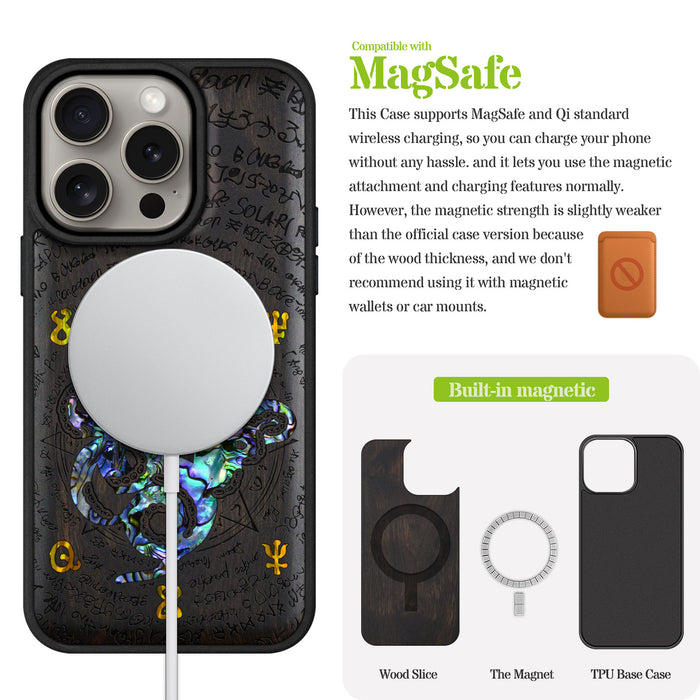 Octopus and Octagonal Star, Hand-Inlaid Wood & Mother of Pearl Case - Artisanal Cover for Apple iPhone