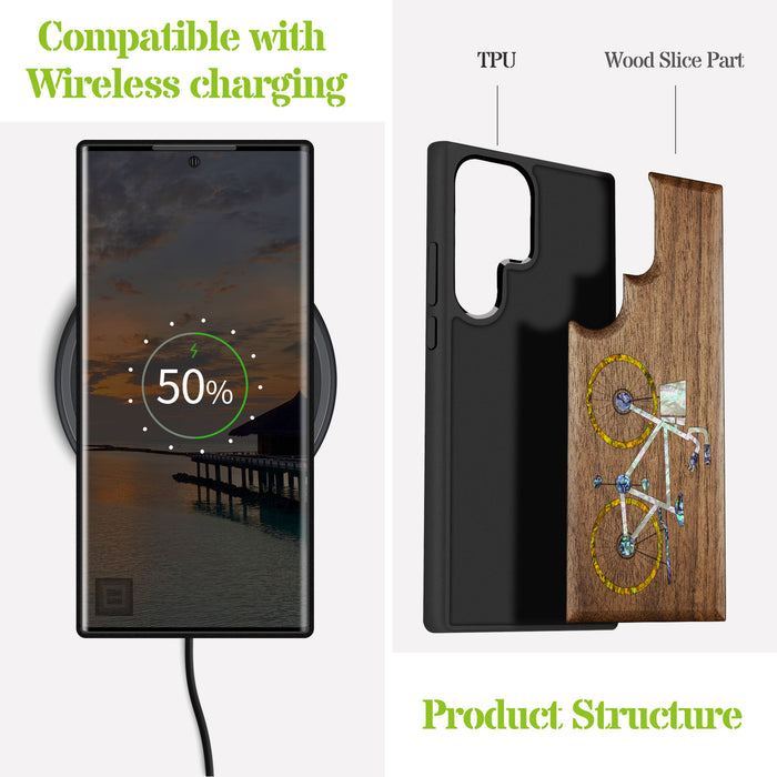Classic Bicycle Silhouette, Hand-Inlaid Wood & Mother of Pearl Case - Artisanal Cover for Samsung Galaxy