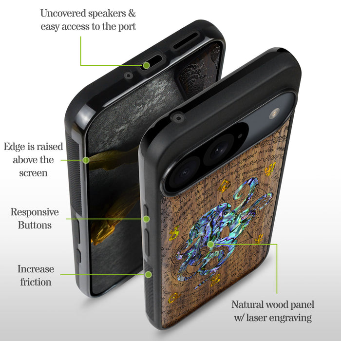 Octopus and Octagonal Star, Hand-Inlaid Wood & Mother of Pearl Case - Artisanal Cover for Google Pixel