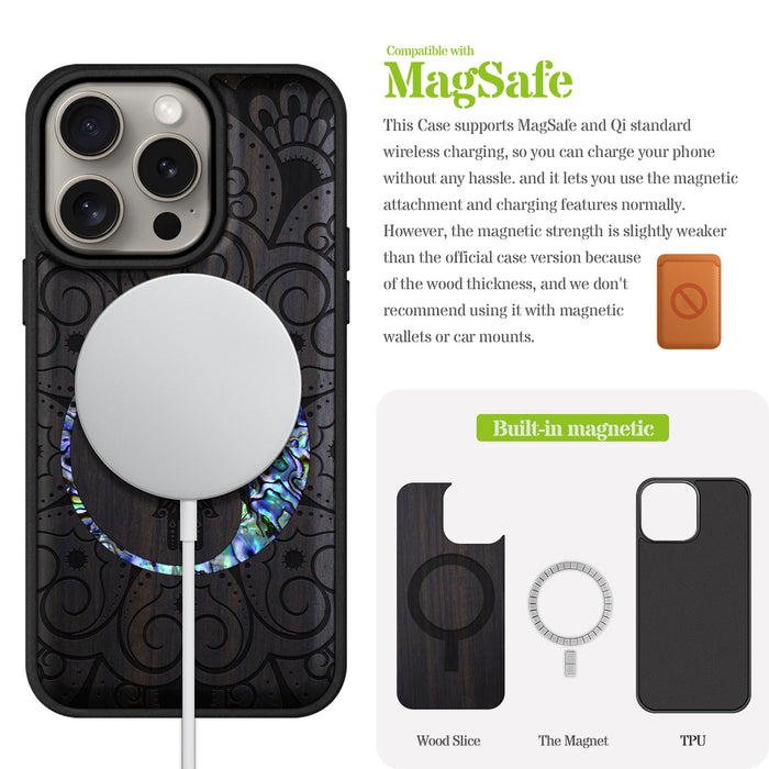 Tranquil Harmony Mandala, Hand-Inlaid Wood & Mother of Pearl Case - Artisanal Cover for Apple iPhone