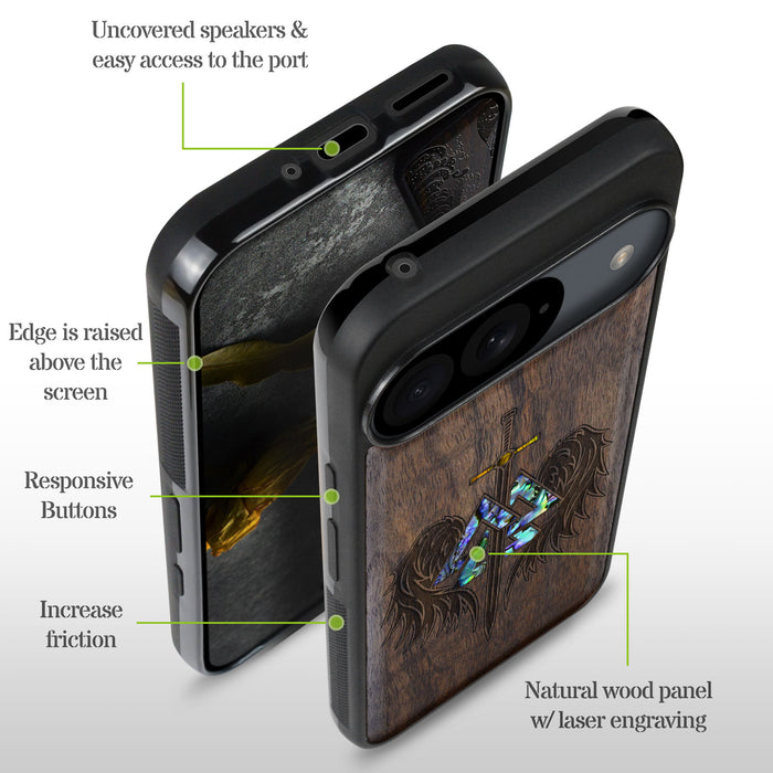 Wings of Valor Essence, Hand-Inlaid Wood & Mother of Pearl Case - Artisanal Cover for Google Pixel