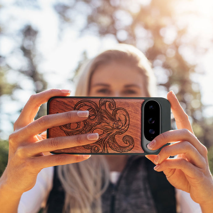 Bodybuilding Octopus Illustration, Classic Engraved Wood & TPU Case - Artisanal Cover for Google Pixel