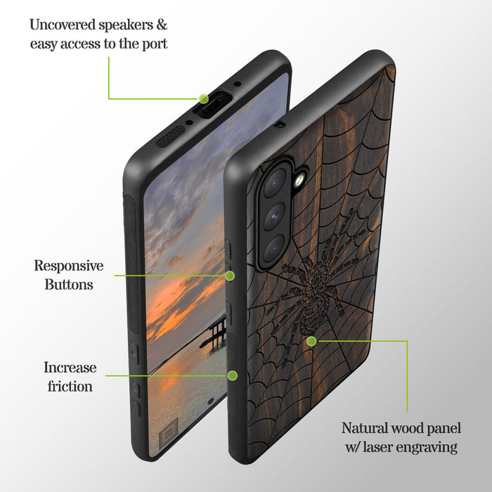 Elegant Webbed Wonder, Classic Engraved Wood & TPU Case - Artisanal Cover for Samsung Galaxy