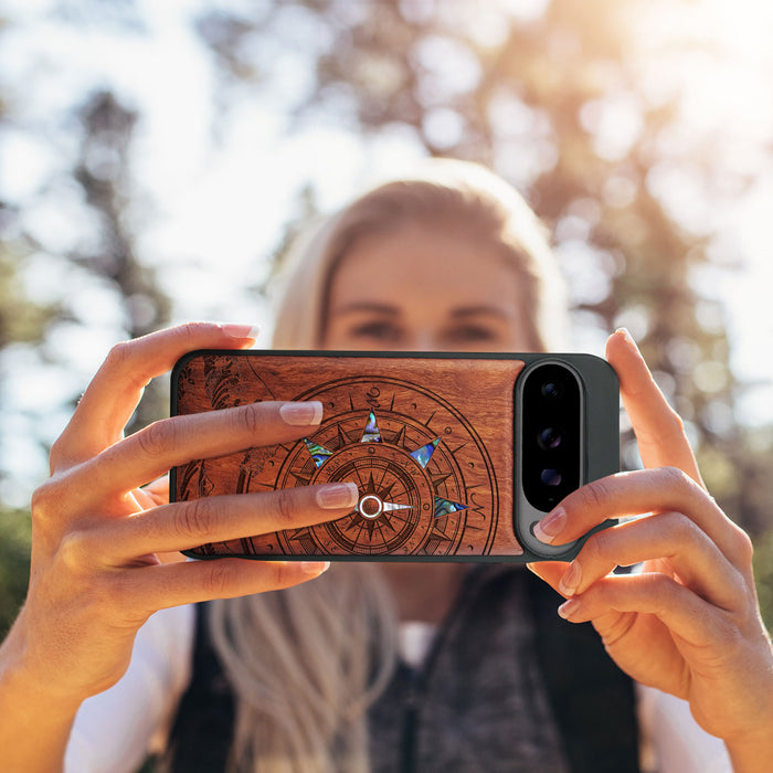 The Compass and the Wave, Hand-Inlaid Wood & Mother of Pearl Case - Artisanal Cover for Google Pixel