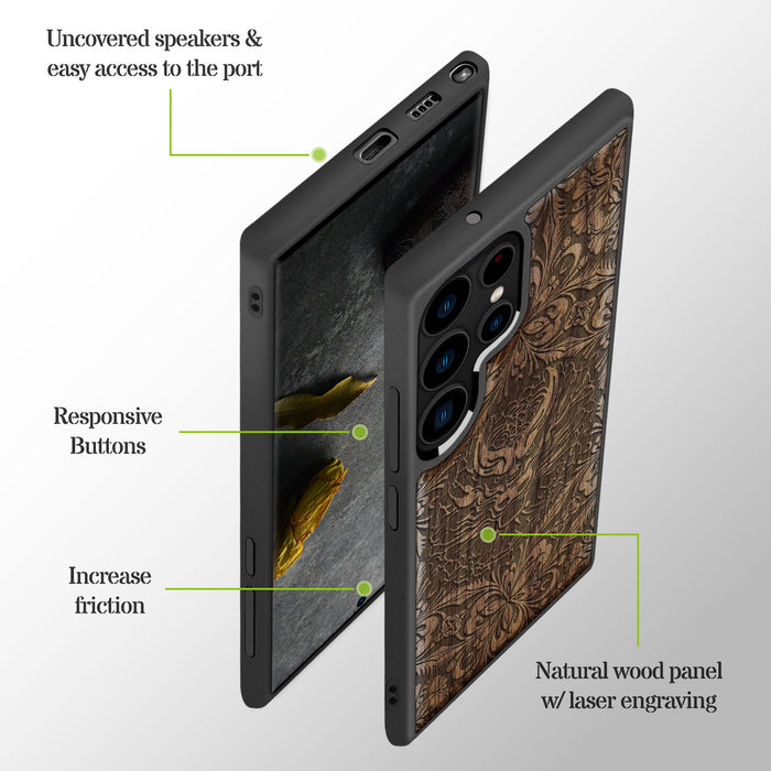 The Dragon's Gaze Mandala, Classic Engraved Wood & TPU Case - Artisanal Cover for Samsung Galaxy