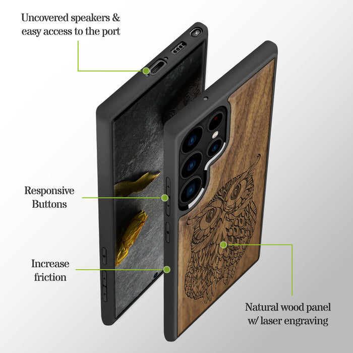 The Owl Mandala, Classic Engraved Wood & TPU Case - Artisanal Cover for Samsung Galaxy