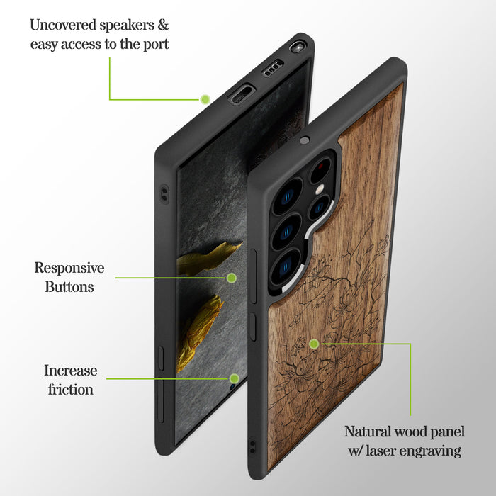 Sakura Sketch, Classic Engraved Wood & TPU Case - Artisanal Cover for Samsung Galaxy