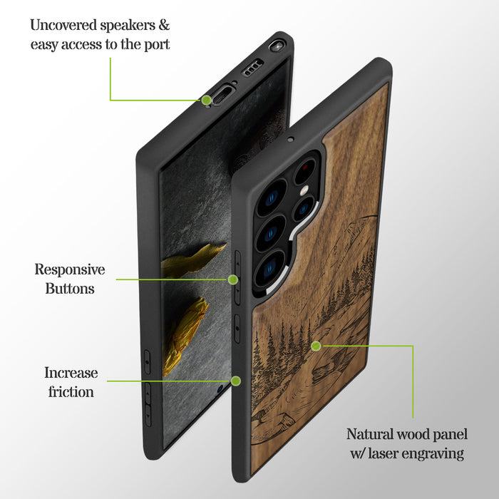 The Lake and Mountain Landscape, Classic Engraved Wood & TPU Case - Artisanal Cover for Samsung Galaxy