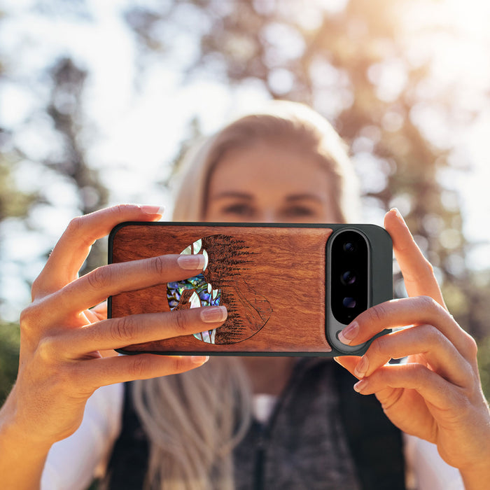 The Lake and Mountain Landscape, Hand-Inlaid Wood & Mother of Pearl Case - Artisanal Cover for Google Pixel