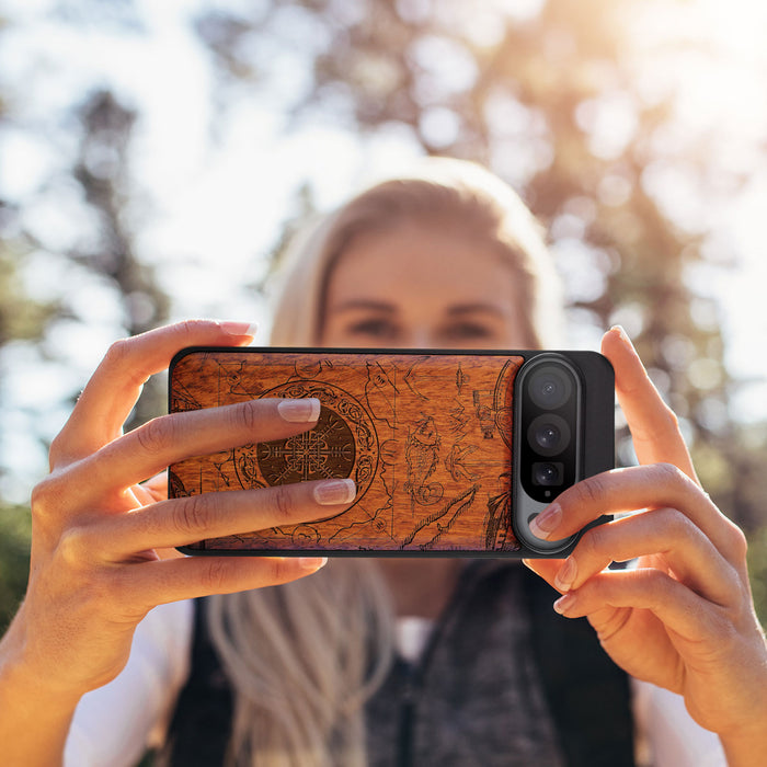 Viking Shield Amidst Maritime Treasures, Classic Engraved Wood & TPU Case - Artisanal Cover for Google Pixel