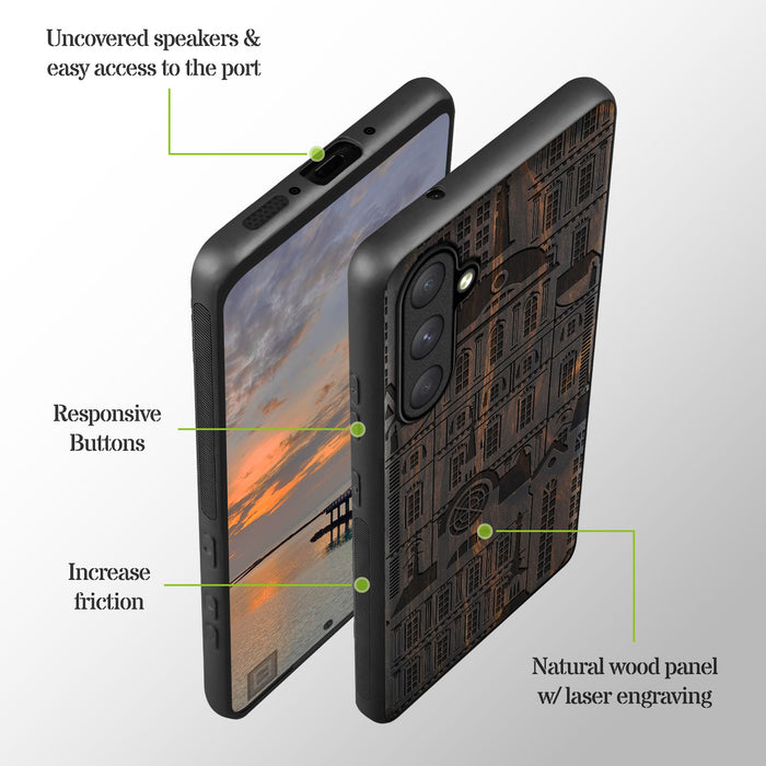 The Classical Ensemble, Classic Engraved Wood & TPU Case - Artisanal Cover for Samsung Galaxy