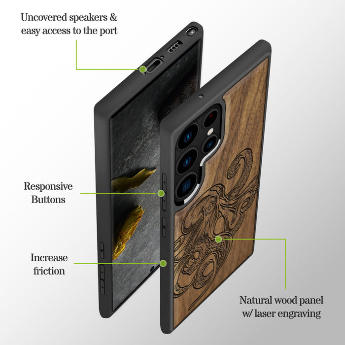 Bodybuilding Octopus Illustration, Classic Engraved Wood & TPU Case - Artisanal Cover for Samsung Galaxy