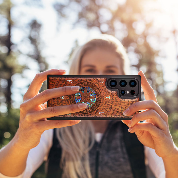 The Shield of Dragons and Awe, Hand-Inlaid Wood & Mother of Pearl Case - Artisanal Cover for Samsung Galaxy