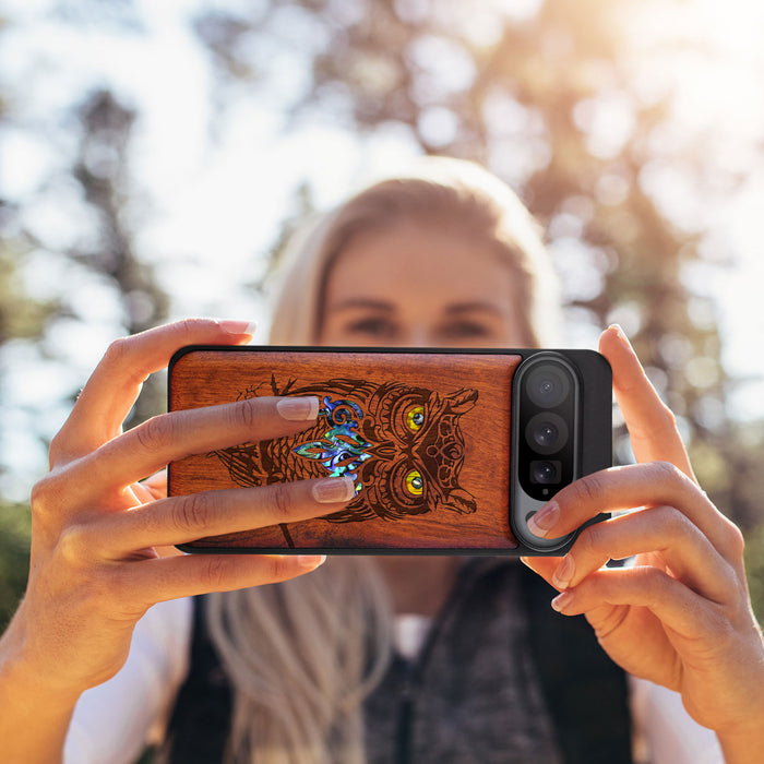 An Owl Perched on a Branch, Hand-Inlaid Wood & Mother of Pearl Case - Artisanal Cover for Google Pixel