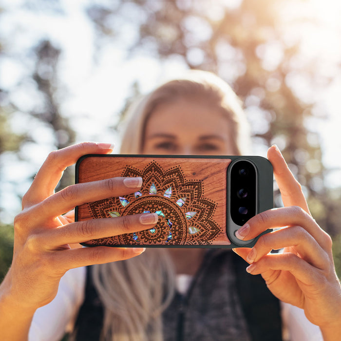 The Half Mandala Lace Art, Hand-Inlaid Wood & Mother of Pearl Case - Artisanal Cover for Google Pixel