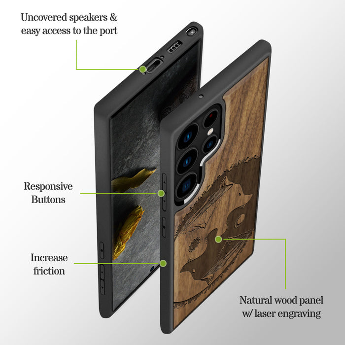 Yin-Yang Wolf, Classic Engraved Wood & TPU Case - Artisanal Cover for Samsung Galaxy