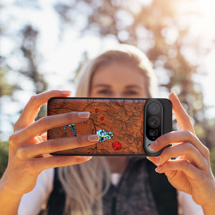 A Dance of Flora and Avian, Hand-Inlaid Wood & Mother of Pearl Case - Artisanal Cover for Google Pixel