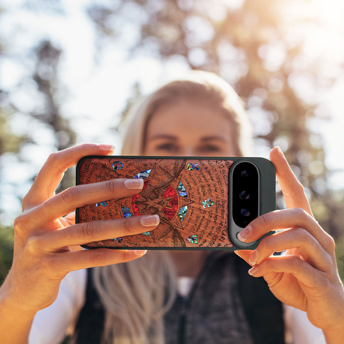 The Bat and the Octagonal Star, Hand-Inlaid Wood & Mother of Pearl Case - Artisanal Cover for Google Pixel