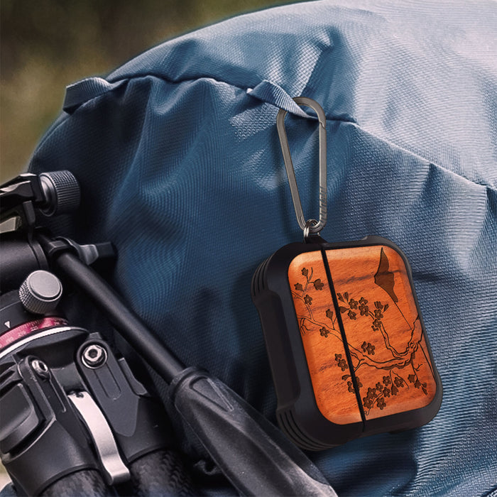 Cherry Blossom - Wood Artisan Engraved & Shell Hand-Inlaid Cover - Artisanal Case for Apple AirPods (Titanium Quick Released Clasp)