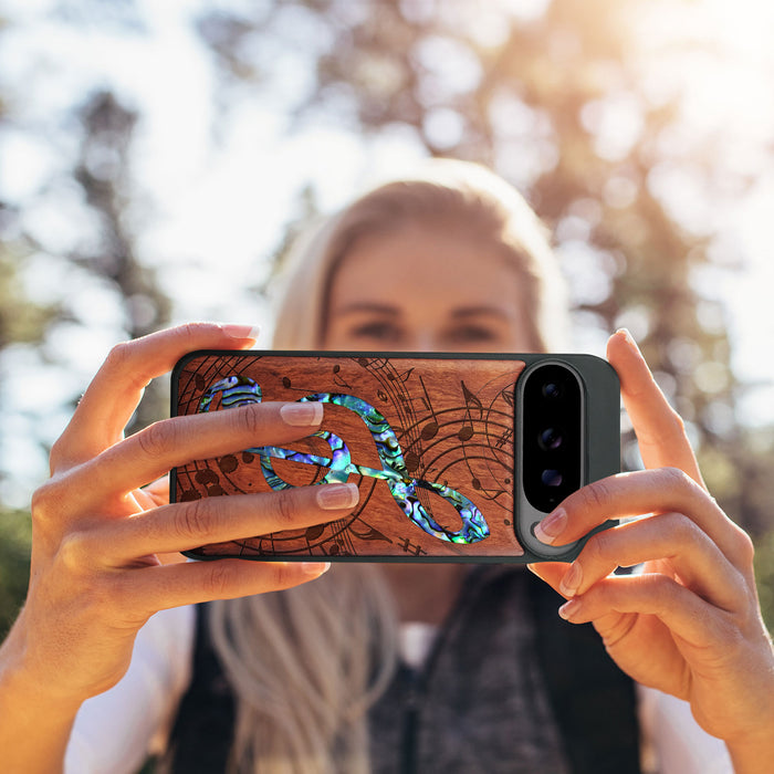 The Grand Clef and Musical Notes, Hand-Inlaid Wood & Mother of Pearl Case - Artisanal Cover for Google Pixel