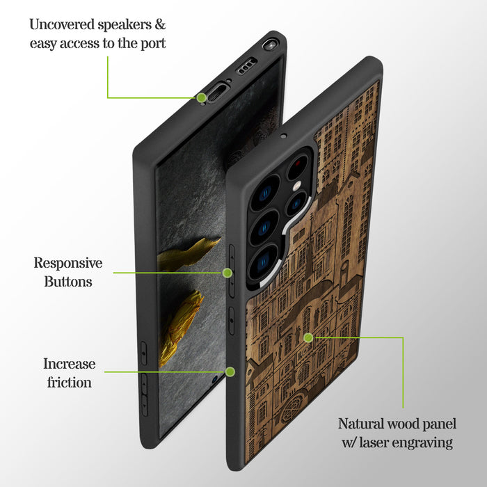 Urban Elegance, Classic Engraved Wood & TPU Case - Artisanal Cover for Samsung Galaxy