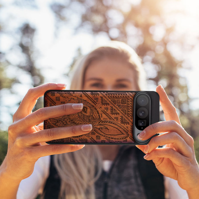 Zentangle Rabbit Amidst Geometry, Classic Engraved Wood & TPU Case - Artisanal Cover for Google Pixel