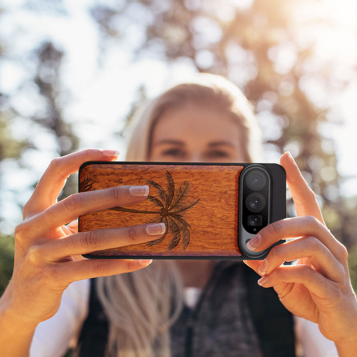 The Palm Tree Silhouette, Classic Engraved Wood & TPU Case - Artisanal Cover for Google Pixel