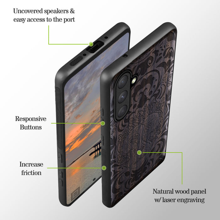 The Leafy Visage, Classic Engraved Wood & TPU Case - Artisanal Cover for Samsung Galaxy