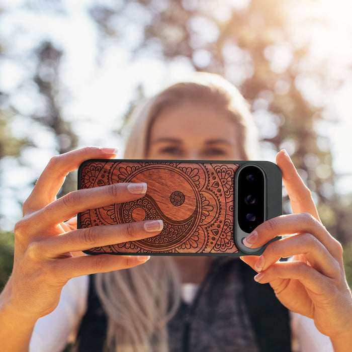 Yin Mandala, Classic Engraved Wood & TPU Case - Artisanal Cover for Google Pixel