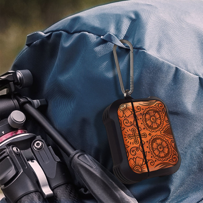 Fiesta Skull - Wood Artisan Engraved & Shell Hand-Inlaid Cover - Artisanal Case for Apple AirPods (Titanium Quick Released Clasp)