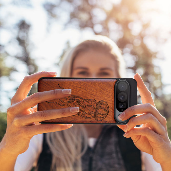 Zentangle Art Jellyfish, Classic Engraved Wood & TPU Case - Artisanal Cover for Google Pixel