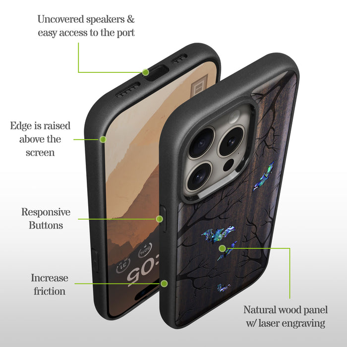 Shadows of the Night, Hand-Inlaid Wood & Mother of Pearl Case - Artisanal Cover for Apple iPhone