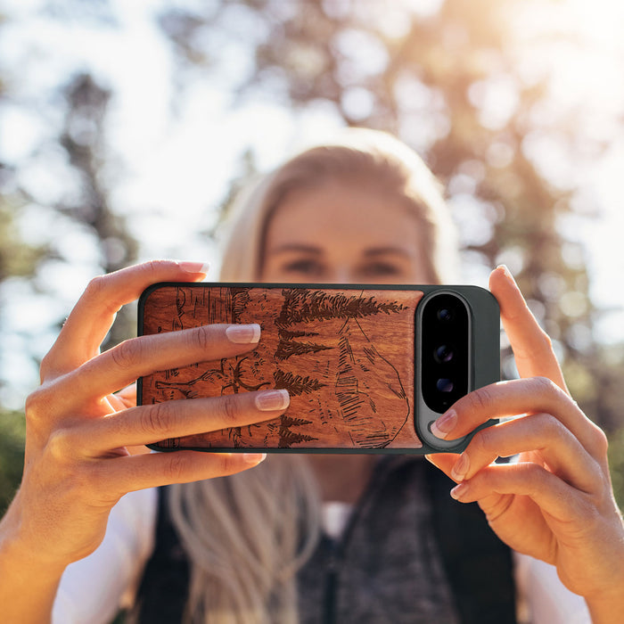 An Enthralling Natural Landscape Illustration, Classic Engraved Wood & TPU Case - Artisanal Cover for Google Pixel