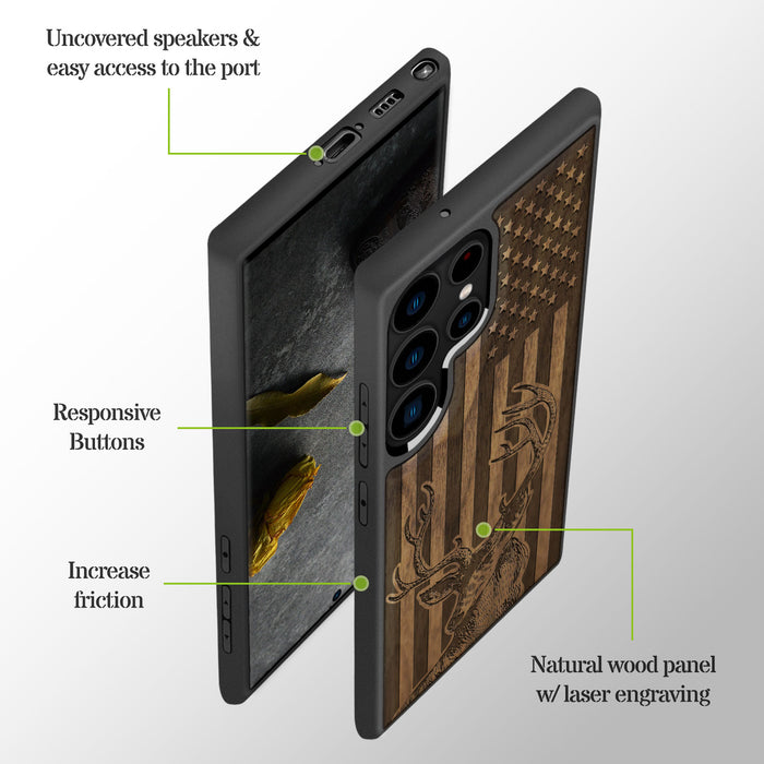 Deer Against the Backdrop of Stars and Stripes, Classic Engraved Wood & TPU Case - Artisanal Cover for Samsung Galaxy