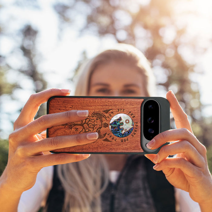 Vegvísir, Ravens, and Yggdrasil, Hand-Inlaid Wood & Mother of Pearl Case - Artisanal Cover for Google Pixel