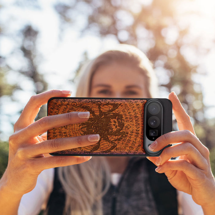 Enigmatic Black Spider Amidst Runes, Classic Engraved Wood & TPU Case - Artisanal Cover for Google Pixel