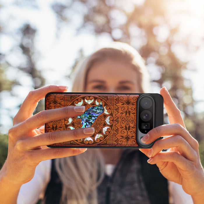 The Zentangle Crow, Hand-Inlaid Wood & Mother of Pearl Case - Artisanal Cover for Google Pixel