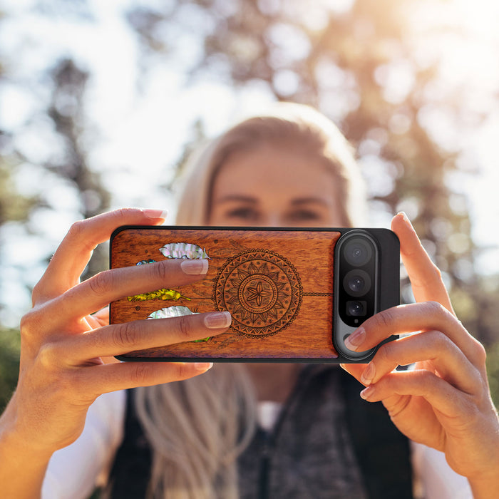 Dreamcatcher's Embrace, Hand-Inlaid Wood & Mother of Pearl Case - Artisanal Cover for Google Pixel