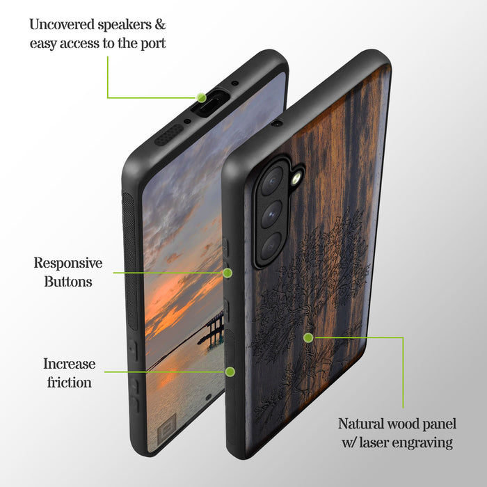 The Fairy Tree Line Art, Classic Engraved Wood & TPU Case - Artisanal Cover for Samsung Galaxy